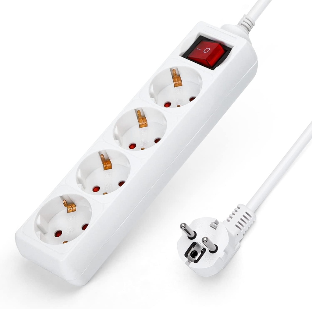 Regleta alemana de 4 vías con interruptor, 1,5 m, 3G, 1,0 mm² blanca