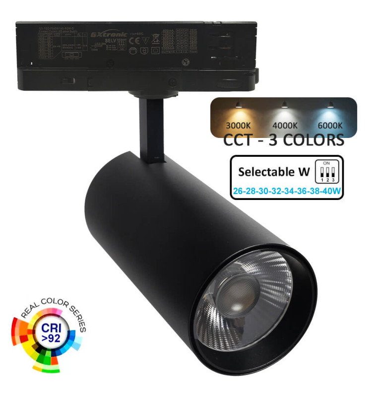 Foco LED 40W - 26W NEW MAYA Negro Carril TRIFÁSICO - CCT - CRI+92 - UGR13 - HIGH LUMEN