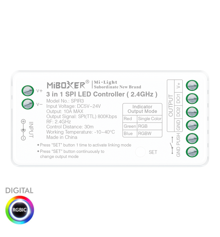 Controladora LED Digital SPI para Tiras LED RGB + RGBW + RGBIC - 2.4GHz - 5-24V