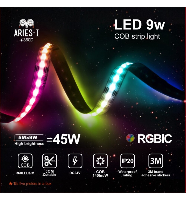 Tira LED 24V RGBIC | COB DIGITAL | 5m | 360LED/m | 9W/M | IP20