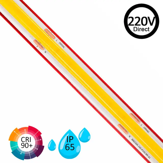 Tira LED COB 220V 10W/m 240LED/m 1200lm/m CRI90 IP65