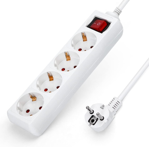 Regleta alemana de 4 vías con interruptor, 1,5 m, 3G, 1,0 mm² blanca
