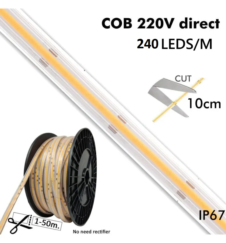 [SP24050M3k] Tira LED COB 220V | 10W/M | 240 LED/M |1200Lm/M| FLIP CHIP | 50m | IP65 | Corte 10cm 3000k
