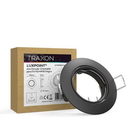 [33855] Aro circular orientable DT002 para bombilla LED GU10 aluminio corte 75 negro